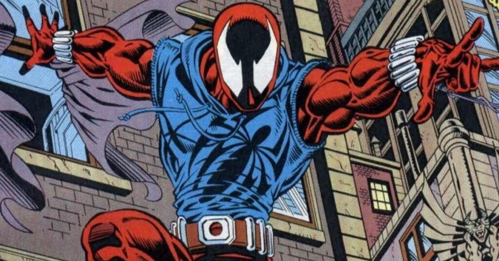 Scarlet Spider draped in all-red bodysuit under a blue hoodie